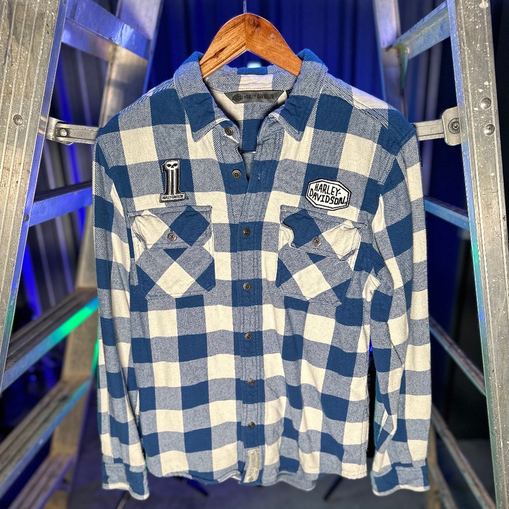Harley-Davidson Spellout Blue and White Plaid Button Up Heavy Flannel